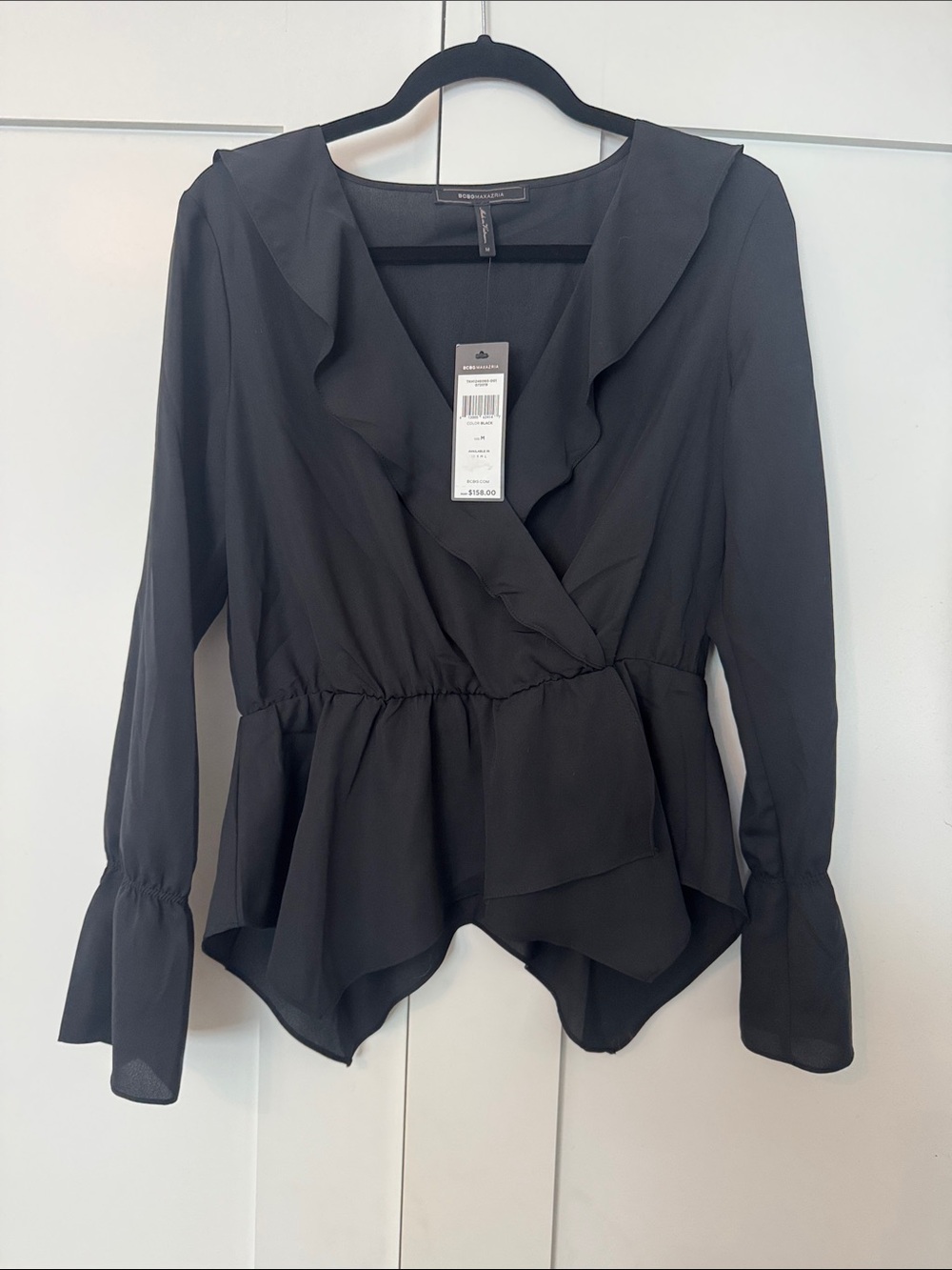 BCBG Maxazria Black Ruffle Wrap Blouse - Women